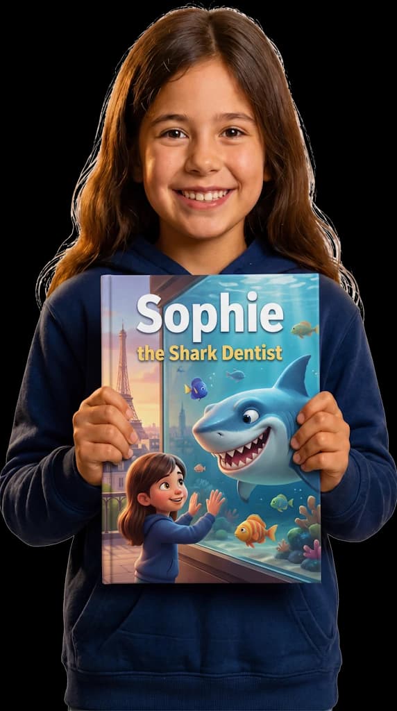 Une fillette souriante tenant son livre Mythoria personnalisé