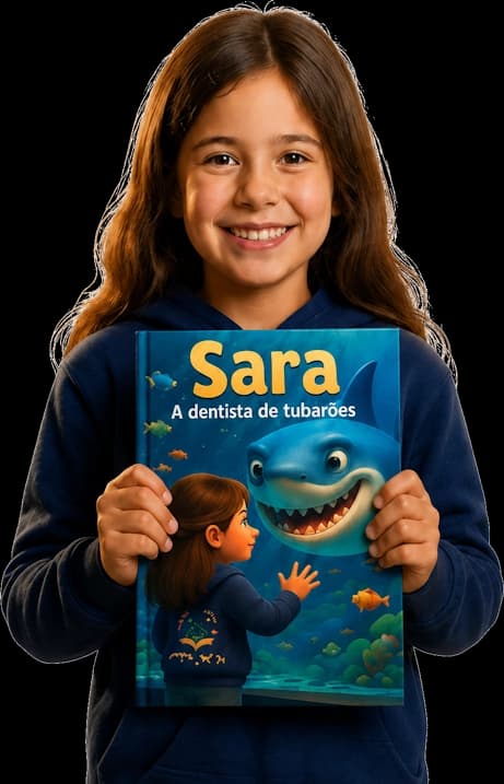 Uma menina sorridente a segurar o seu livro Mythoria personalizado
