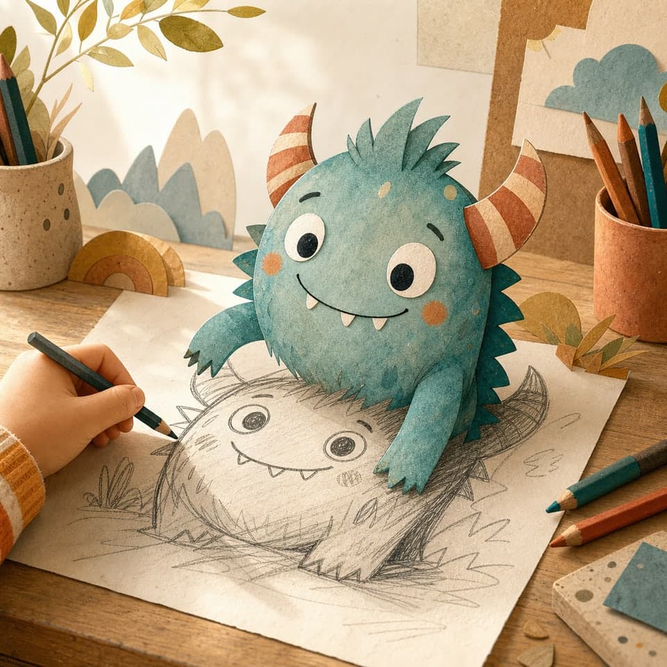 Capa ilustrativa sem texto para O Monstro que Saiu do Meu Desenho, com uma criatura simpática a sair de um desenho infantil