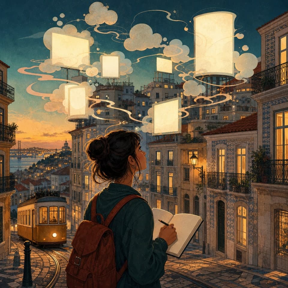 Capa ilustrativa sem texto para Manual para Sobreviver a uma Cidade que Lê Pensamentos, com uma adolescente a escrever numa cidade futura