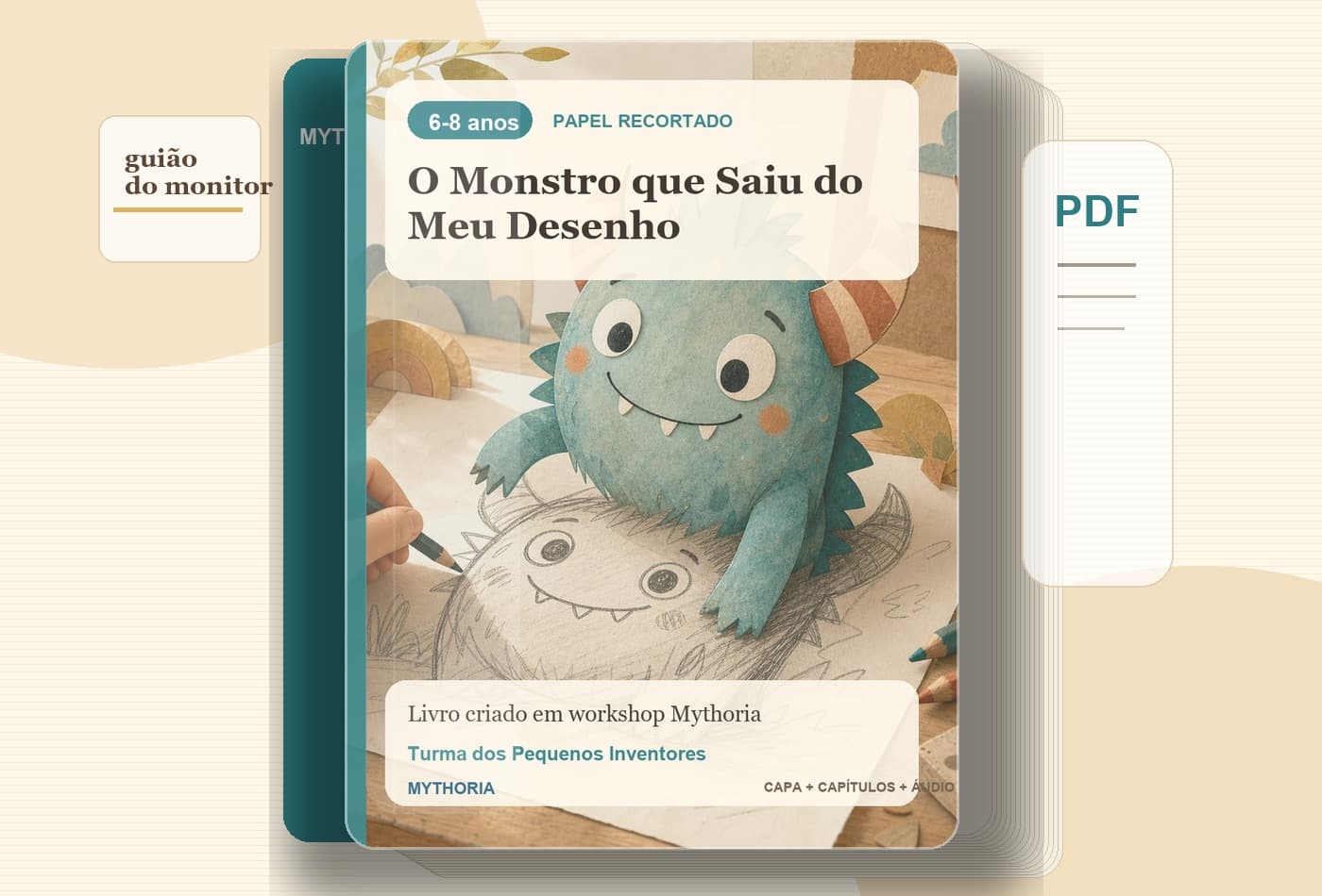 Mockup realista do livro O Monstro que Saiu do Meu Desenho, com capa Mythoria, faixa etária 6-8 anos e ilustração de monstro azul