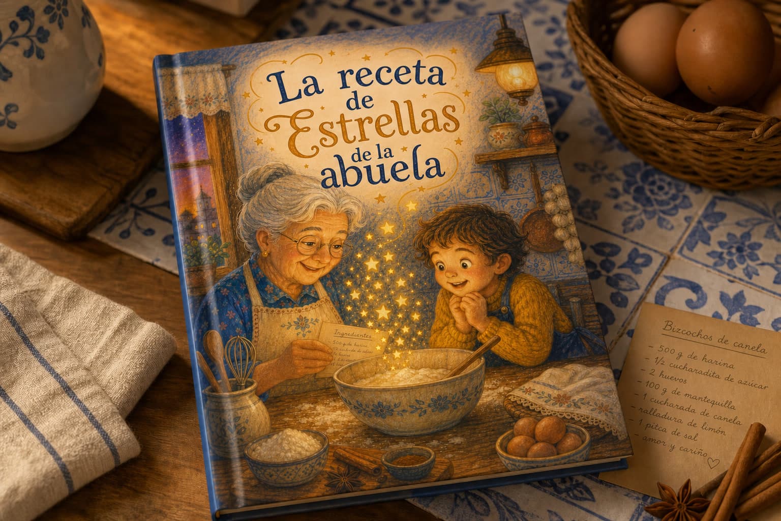 Abuelos y nietos leen juntos un libro familiar personalizado