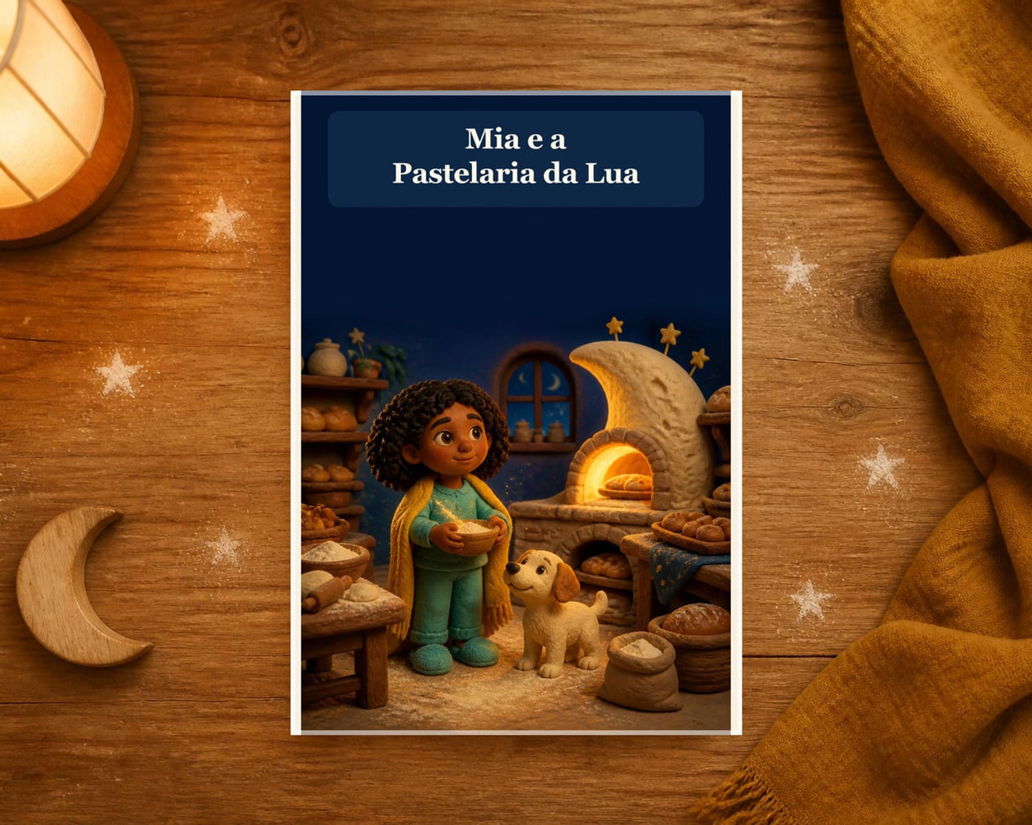 Livro infantil Mia e a Pastelaria da Lua num cenário de leitura noturna, criado com a Mythoria