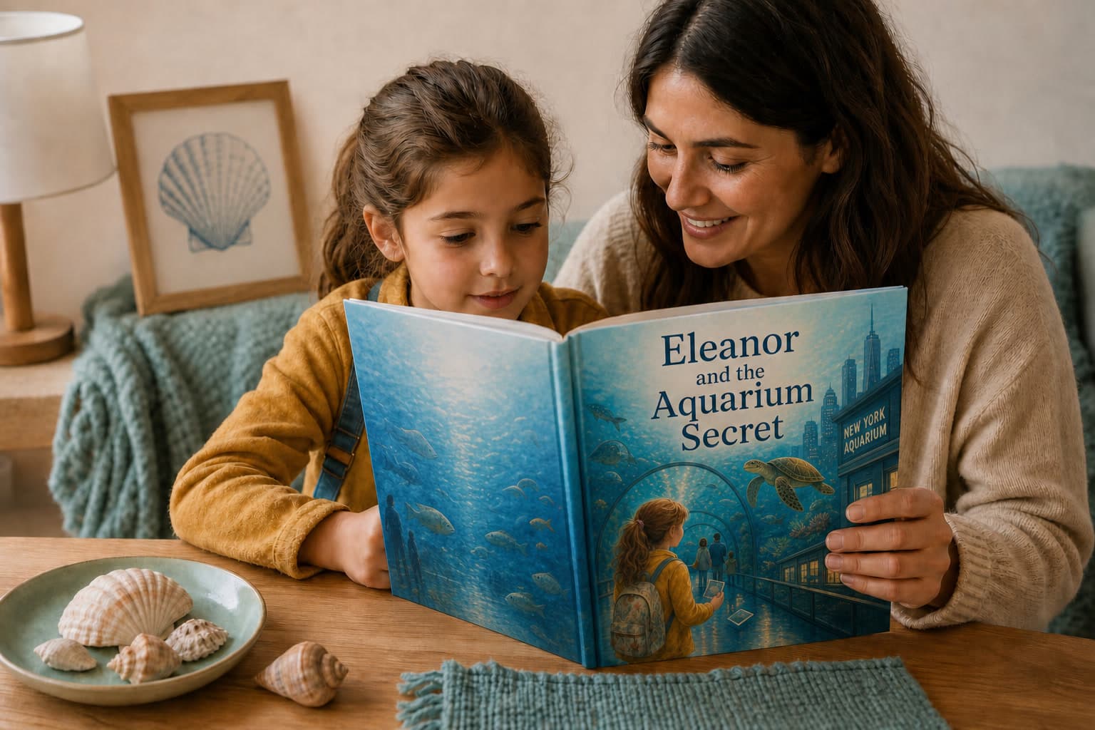 A family revisiting vacation memories through a personalized book and photos