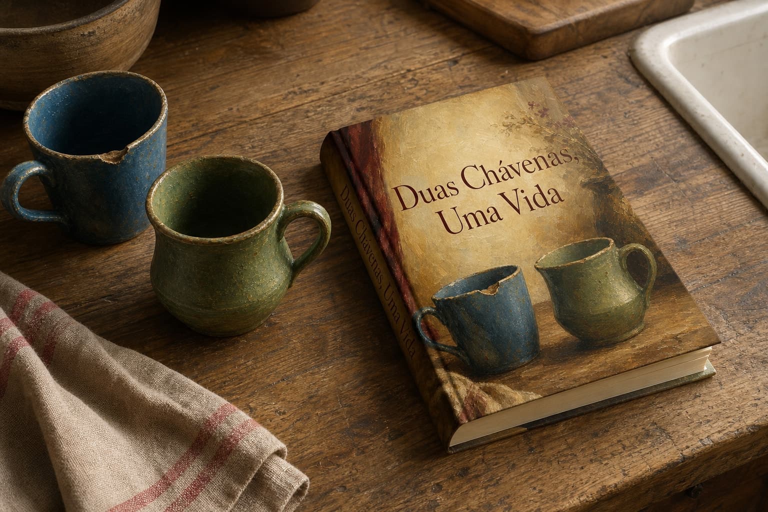 Cena ilustrada do exemplo ficcional “Duas Chávenas, Uma Vida”