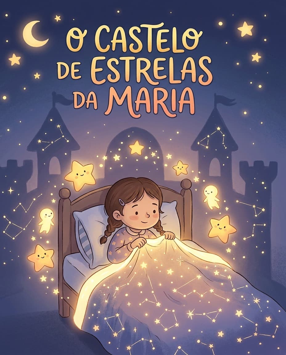 Capa do livro “O Castelo de Estrelas da Maria”, com uma menina na cama rodeada de estrelas brilhantes e um castelo ao fundo