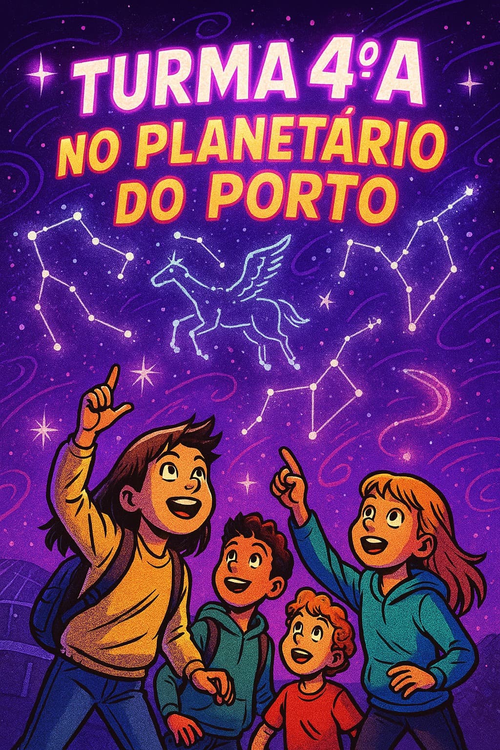 Capa do livro “Turma 4.º A no Planetário do Porto”, com um grupo de crianças a apontar para constelações