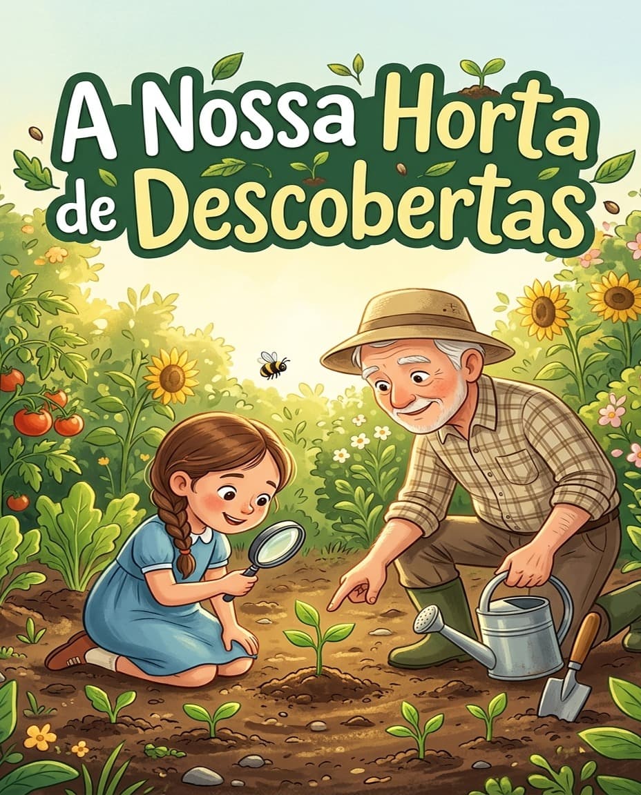 Capa do livro “A Nossa Horta de Descobertas”, com uma menina com uma lupa e um avô a cuidarem de uma horta soalheira