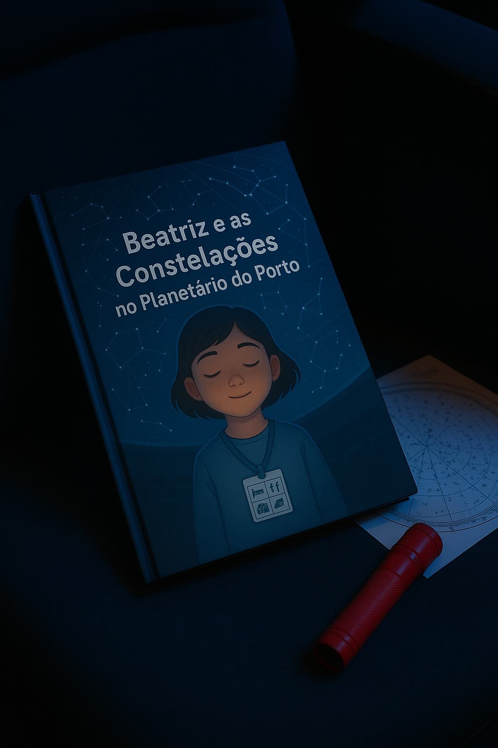Livro personalizado Mythoria “Beatriz e as Constelações” pousado num ambiente calmo, ao lado de um mapa de estrelas e de uma pequena lanterna