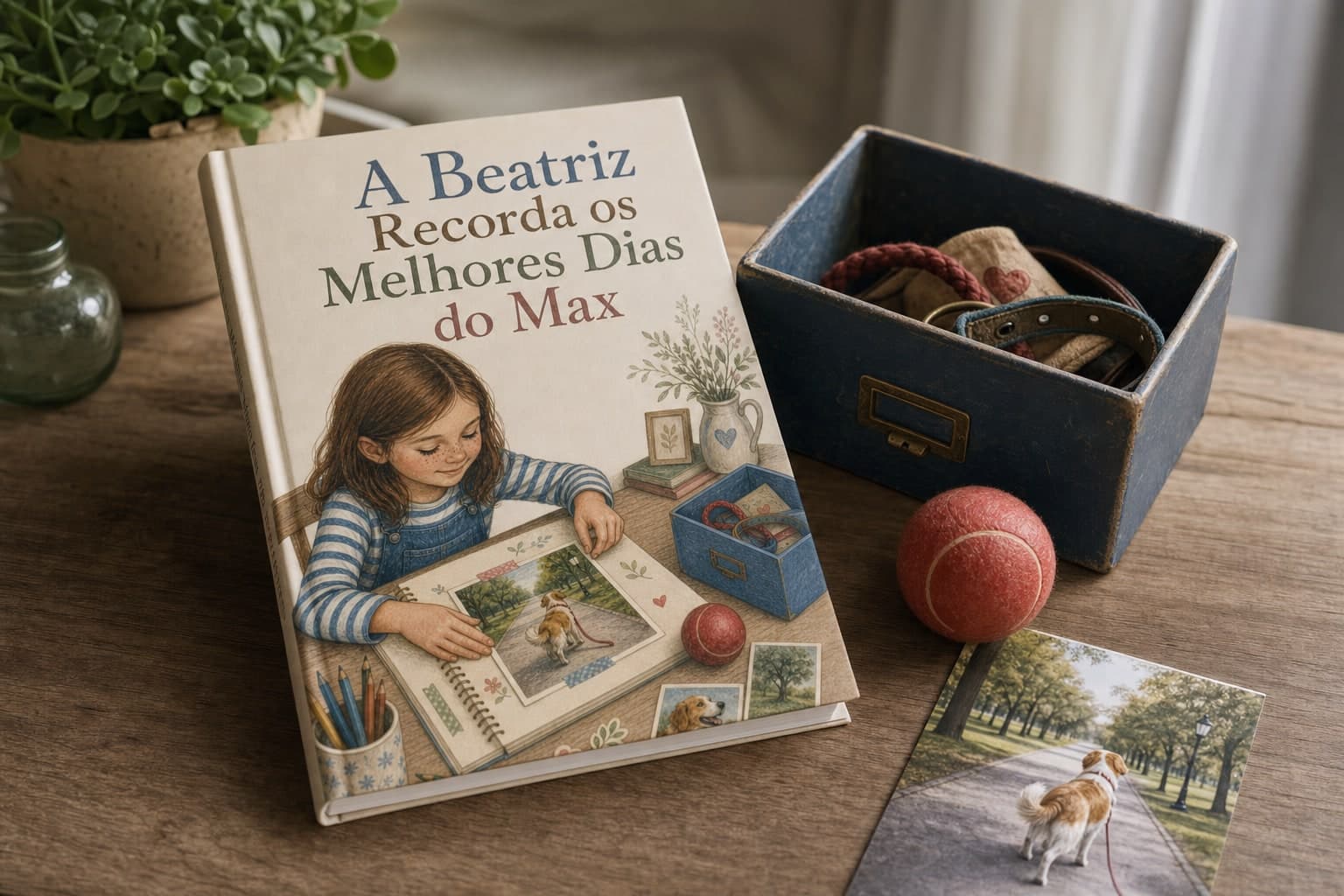 Livro físico A Beatriz Recorda os Melhores Dias do Max com fotografias de um cão