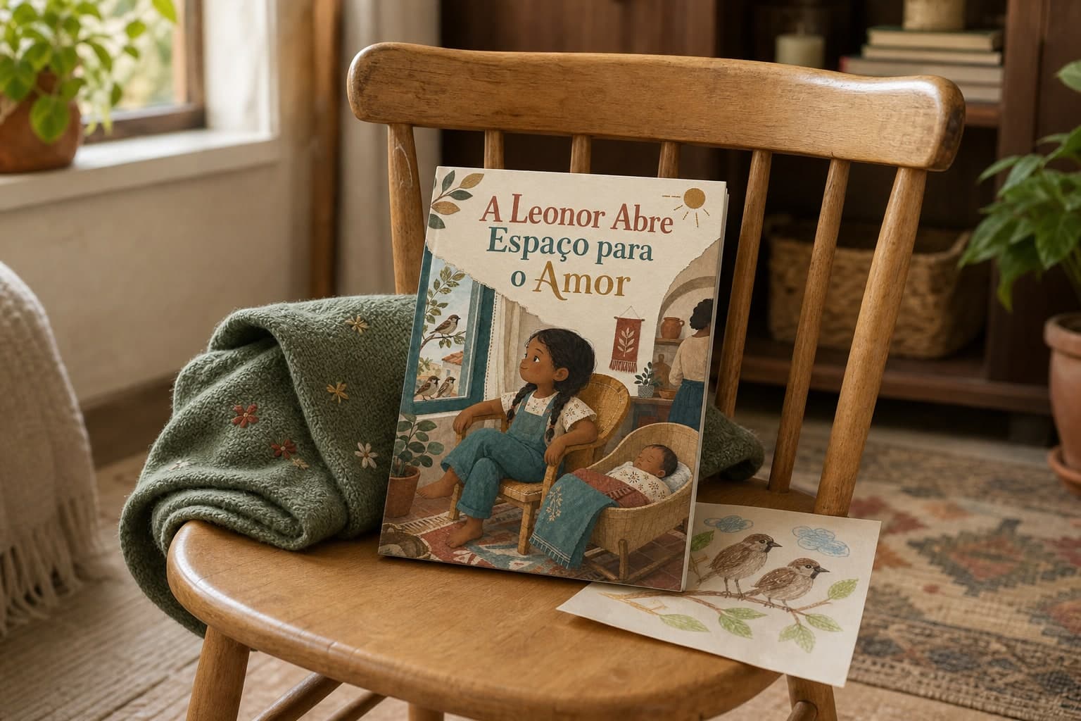 Livro físico A Leonor Abre Espaço para o Amor num quarto familiar