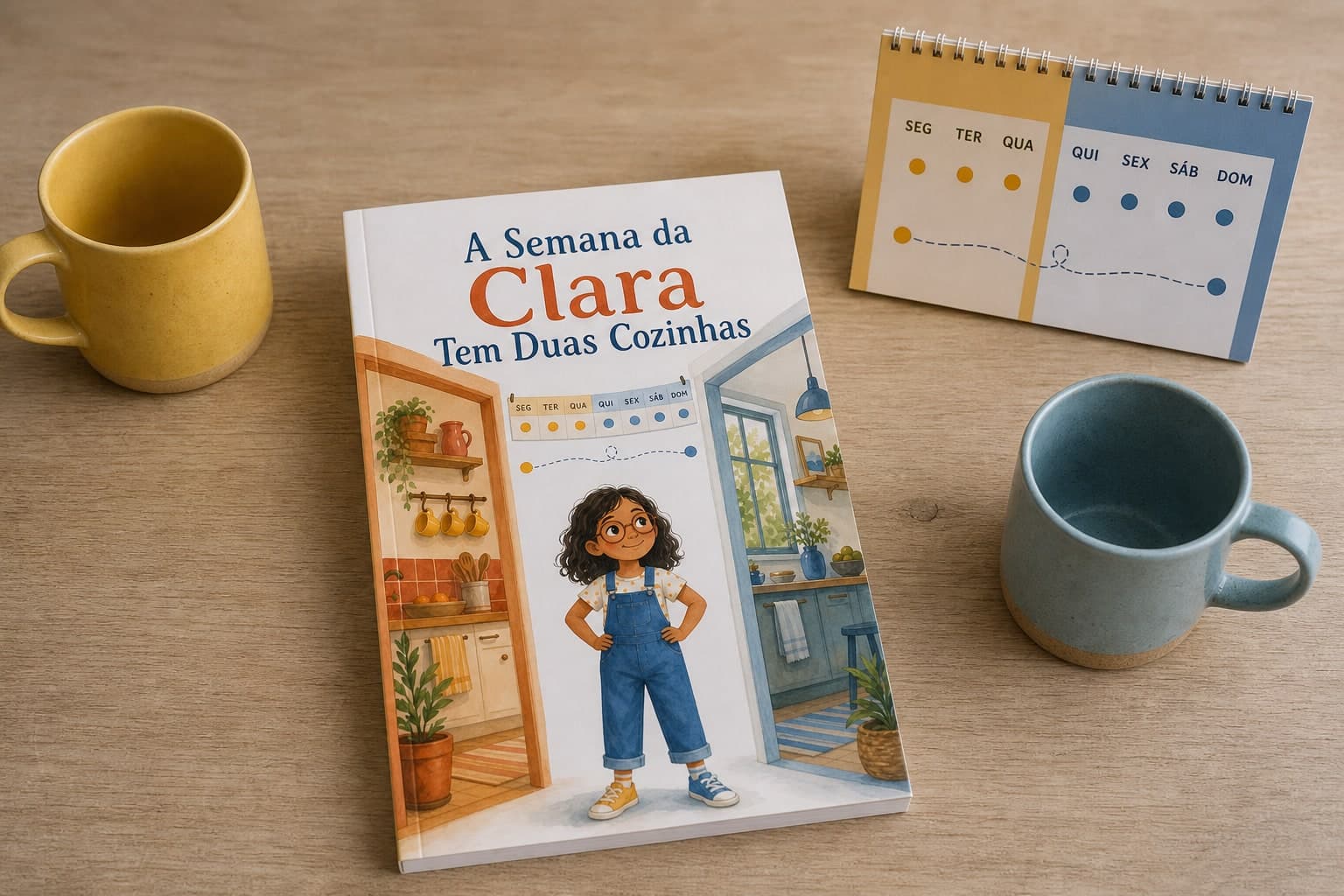 Livro físico A Semana da Clara Tem Duas Cozinhas entre dois ambientes familiares