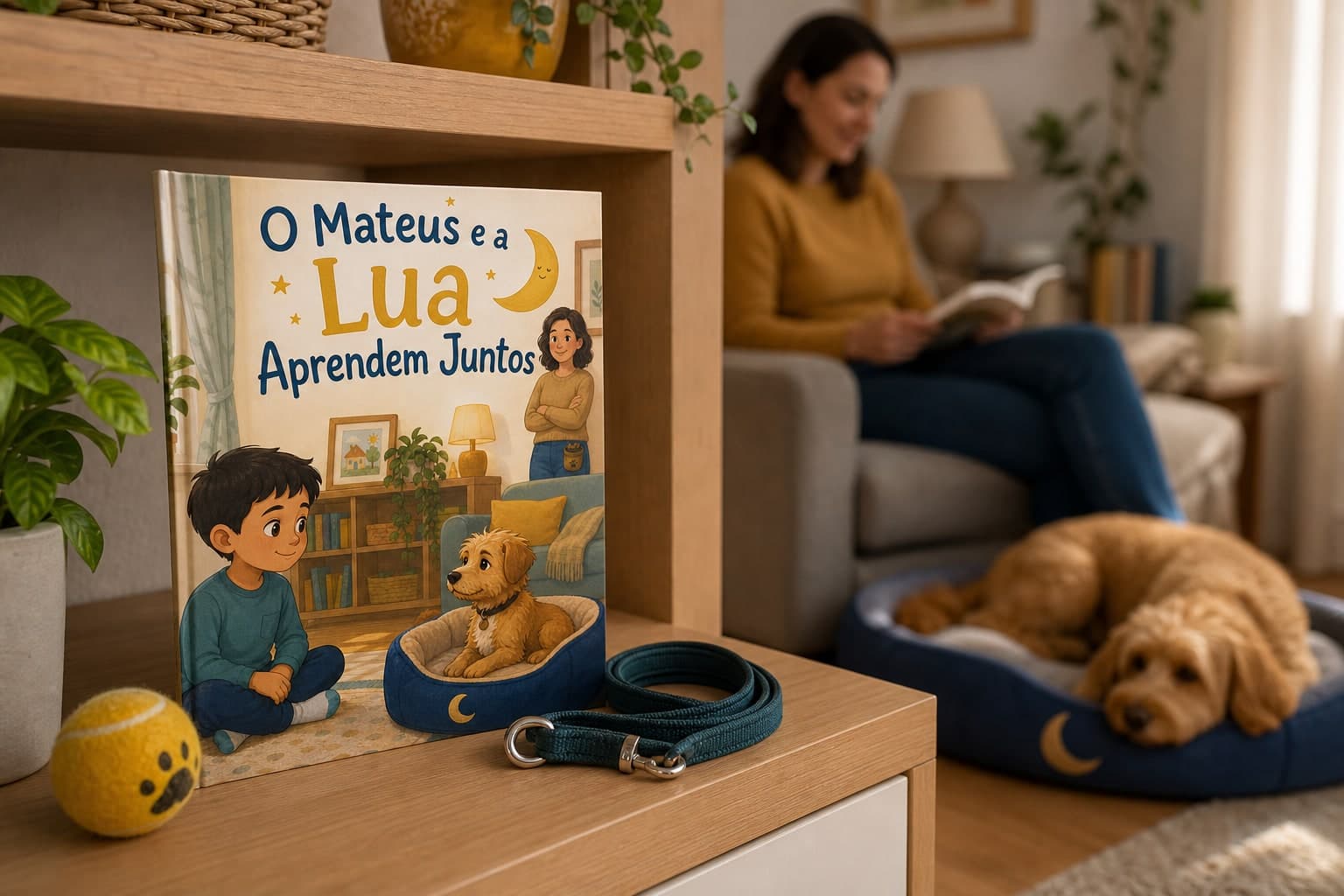 Livro físico O Mateus e a Lua Aprendem Juntos junto a uma família e um cão