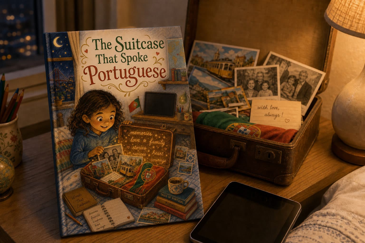 Personalized multilingual family book featuring a suitcase of memories