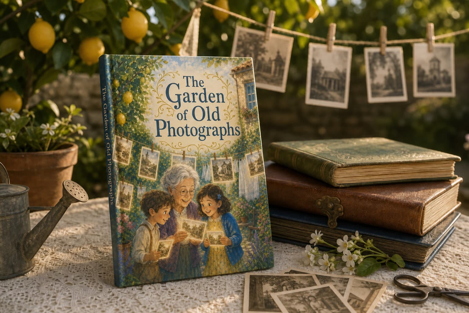 Personalized intergenerational book with old photographs in a garden