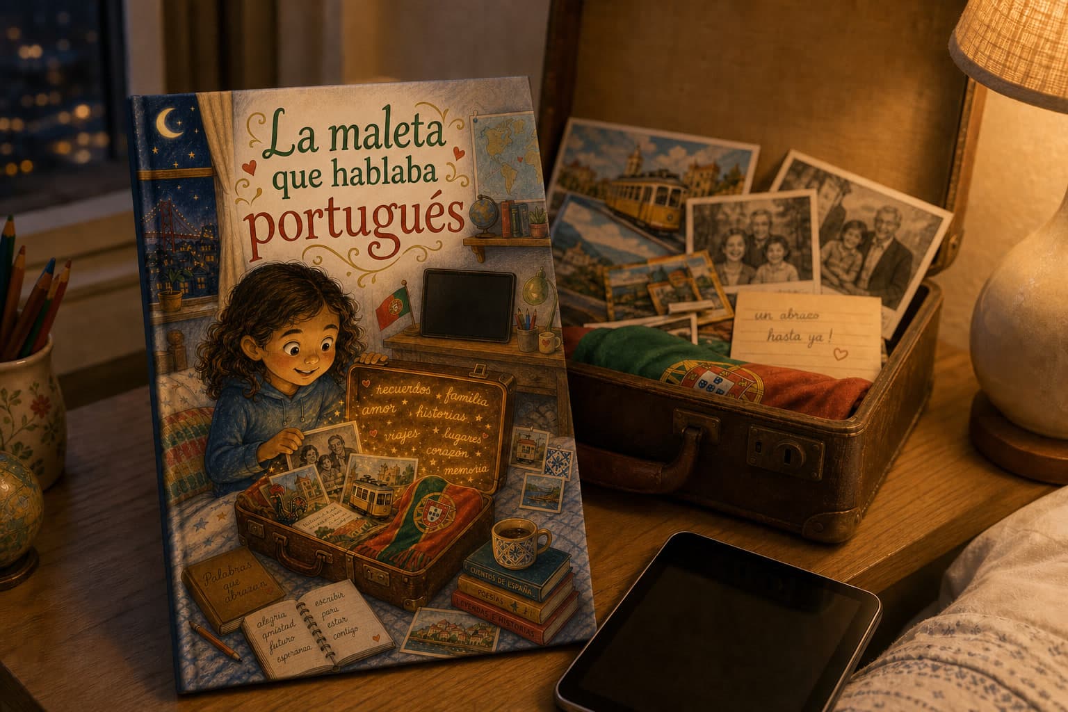 Libro personalizado sobre una familia multilingüe y una maleta de recuerdos