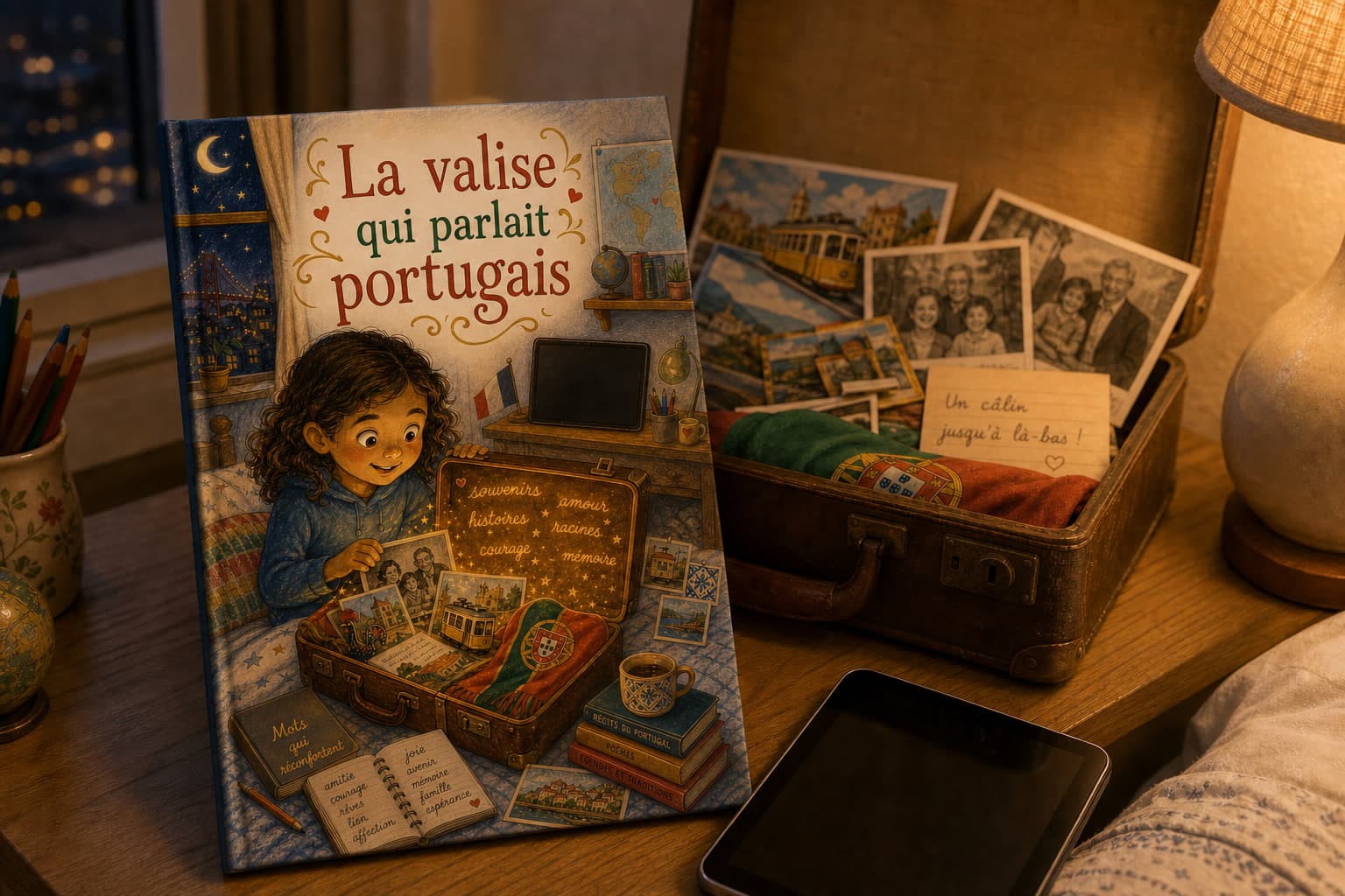 Livre personnalisé sur une famille multilingue et une valise de souvenirs