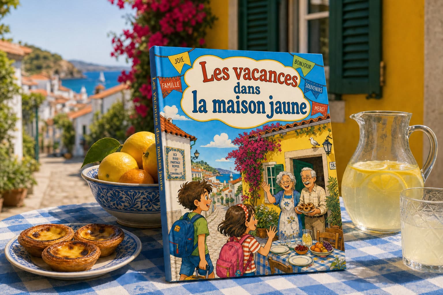 Livre personnalisé de vacances entre grands-parents et petits-enfants dans une maison jaune