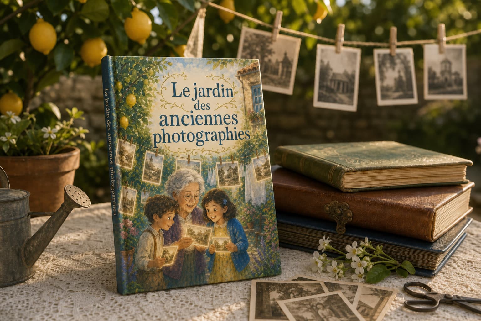 Livre intergénérationnel personnalisé avec de vieilles photos dans un jardin