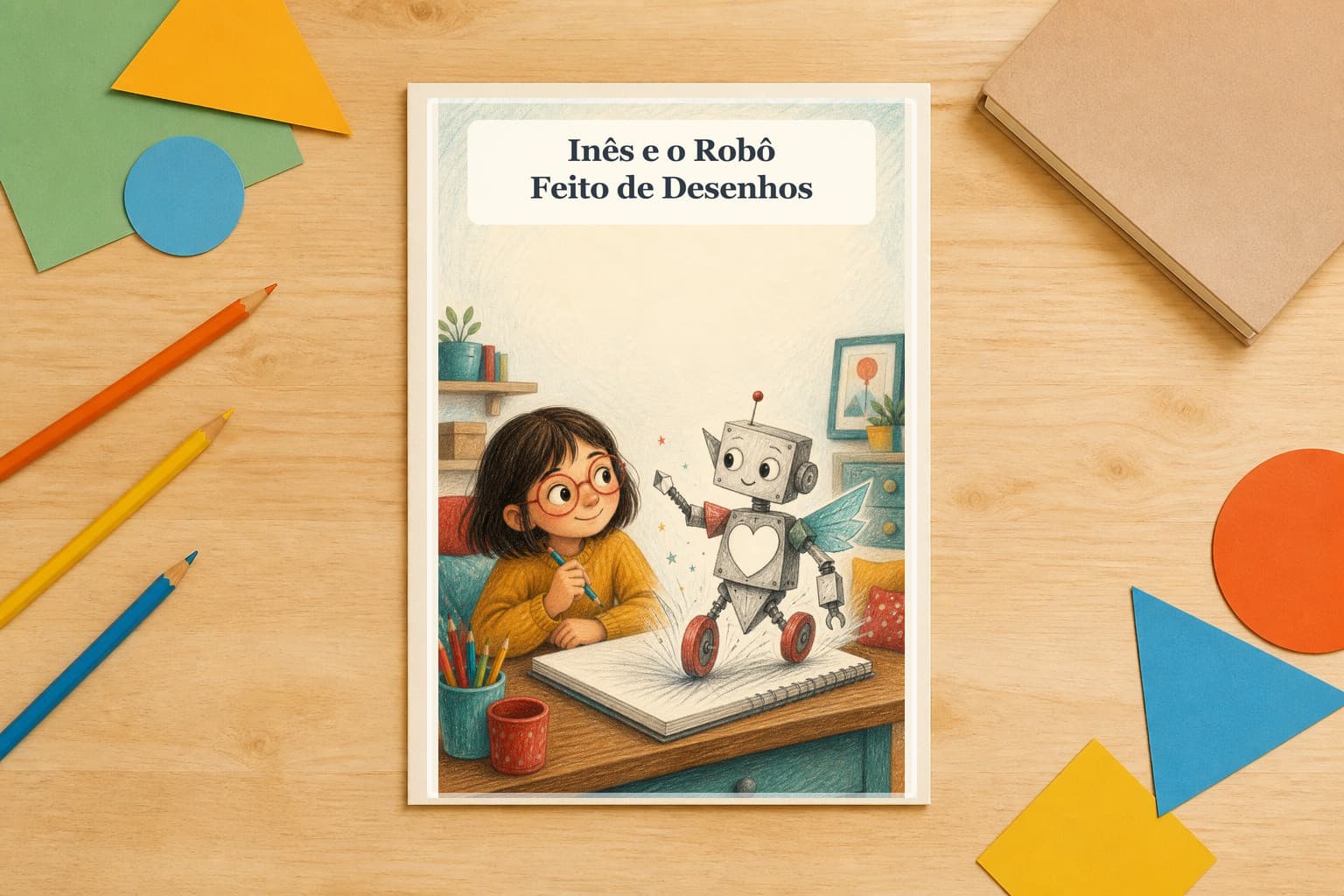 Livro Inês e o Robô Feito de Desenhos numa secretária com lápis e formas de papel