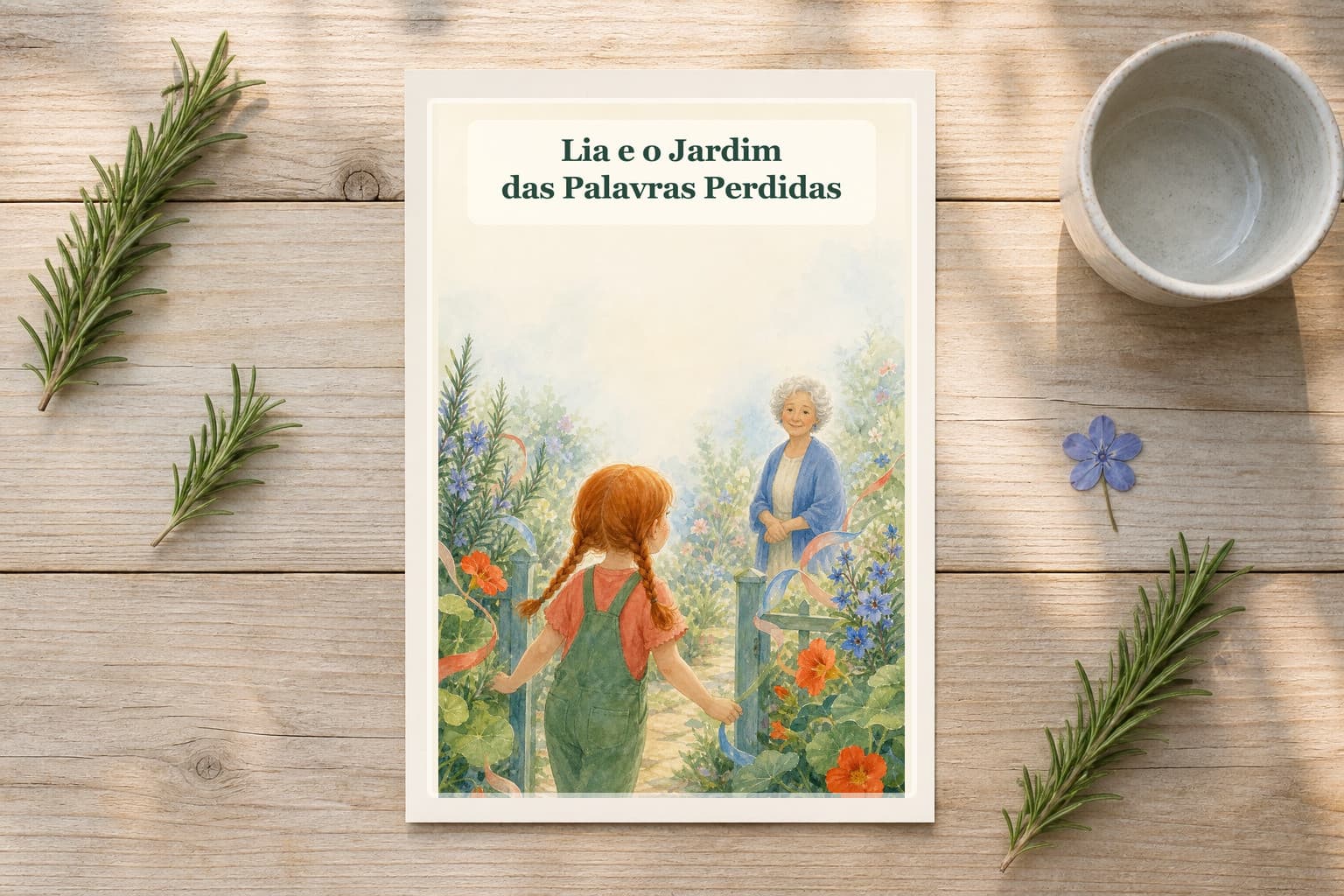 Livro Lia e o Jardim das Palavras Perdidas numa mesa de jardim com alecrim e uma flor prensada