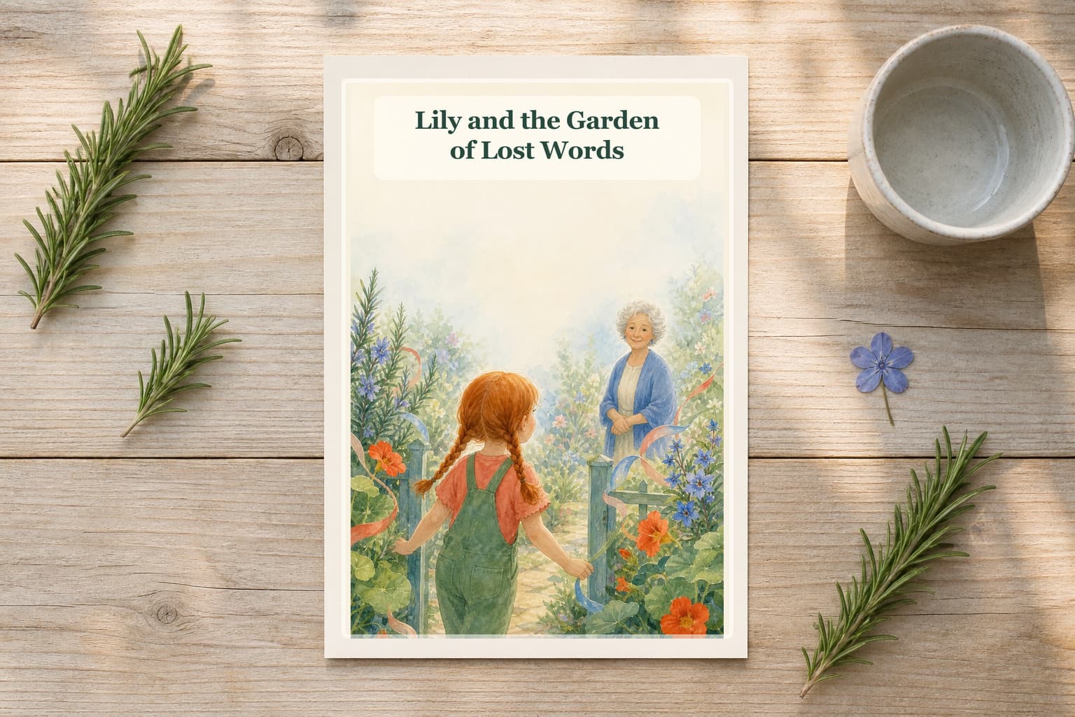 Personalized book Lily and the Garden of Lost Words on a garden table with rosemary
