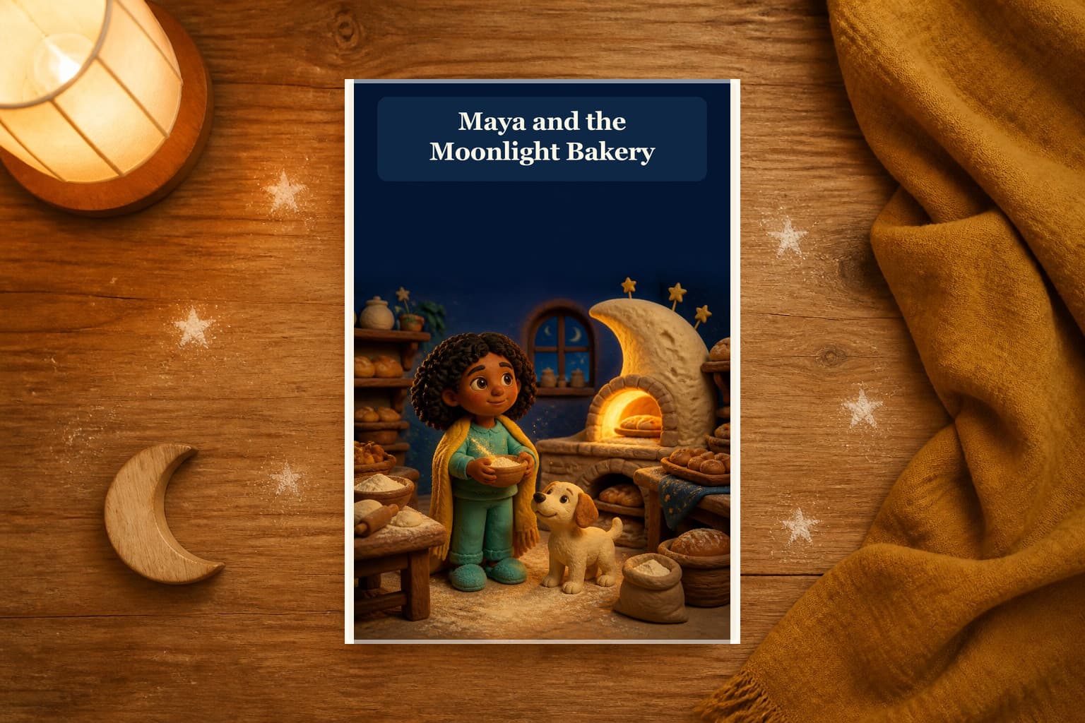 Personalized children’s book Maya and the Moonlight Bakery in a cozy bedtime reading scene