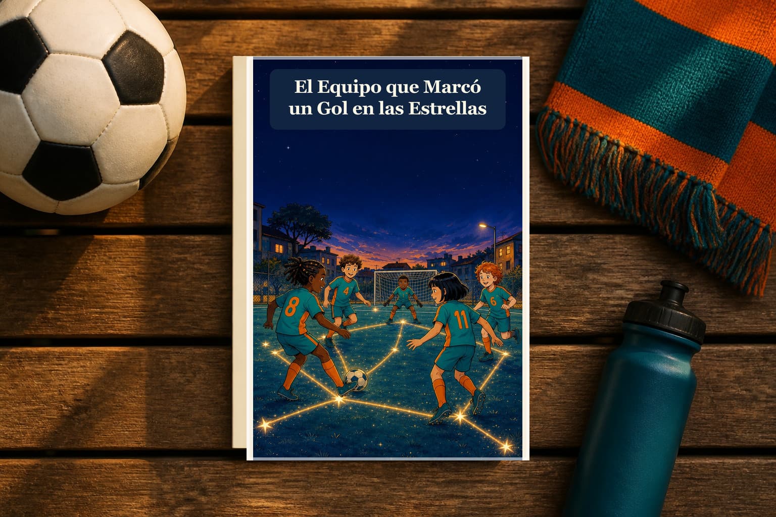 Libro personalizado El Equipo que Marcó un Gol en las Estrellas junto a un balón