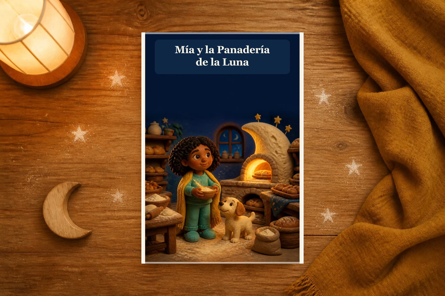 Libro infantil personalizado Mía y la Panadería de la Luna en una escena acogedora de lectura