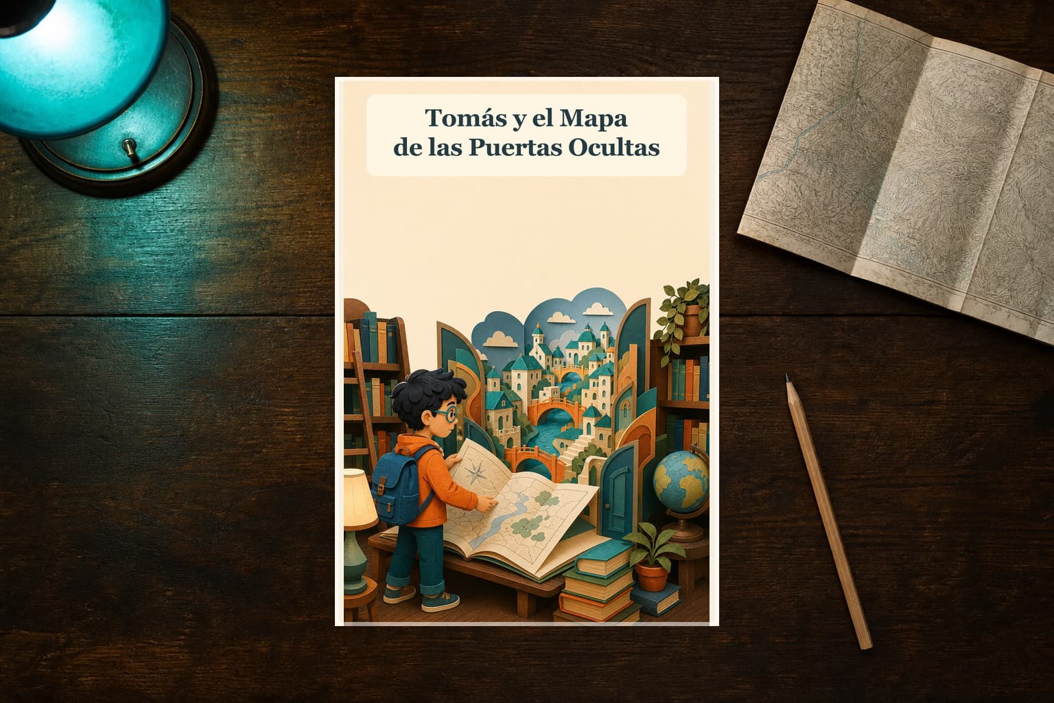Libro personalizado Tomás y el Mapa de las Puertas Ocultas en una mesa de biblioteca