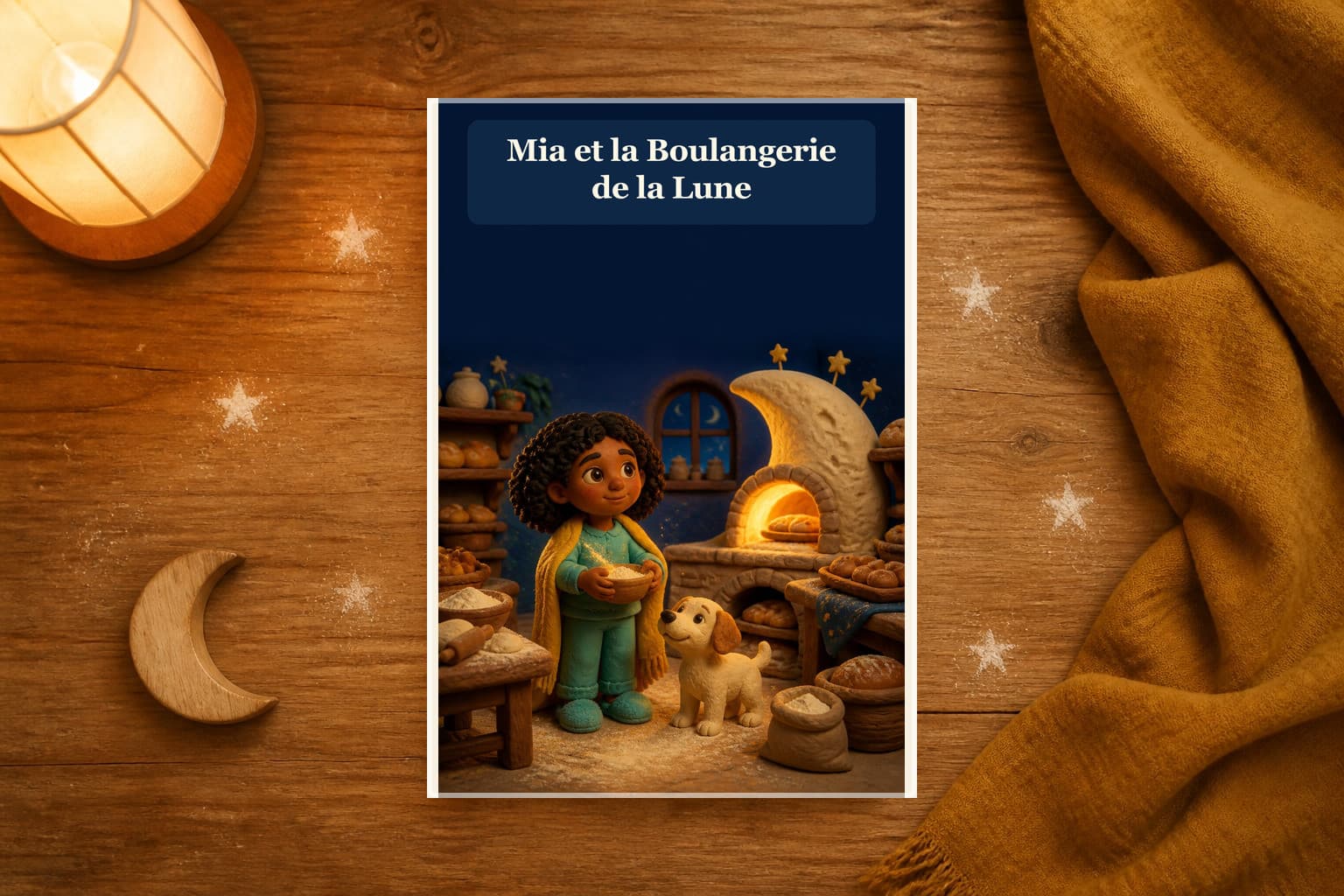 Livre personnalisé Mia et la Boulangerie de la Lune dans une scène de lecture du soir