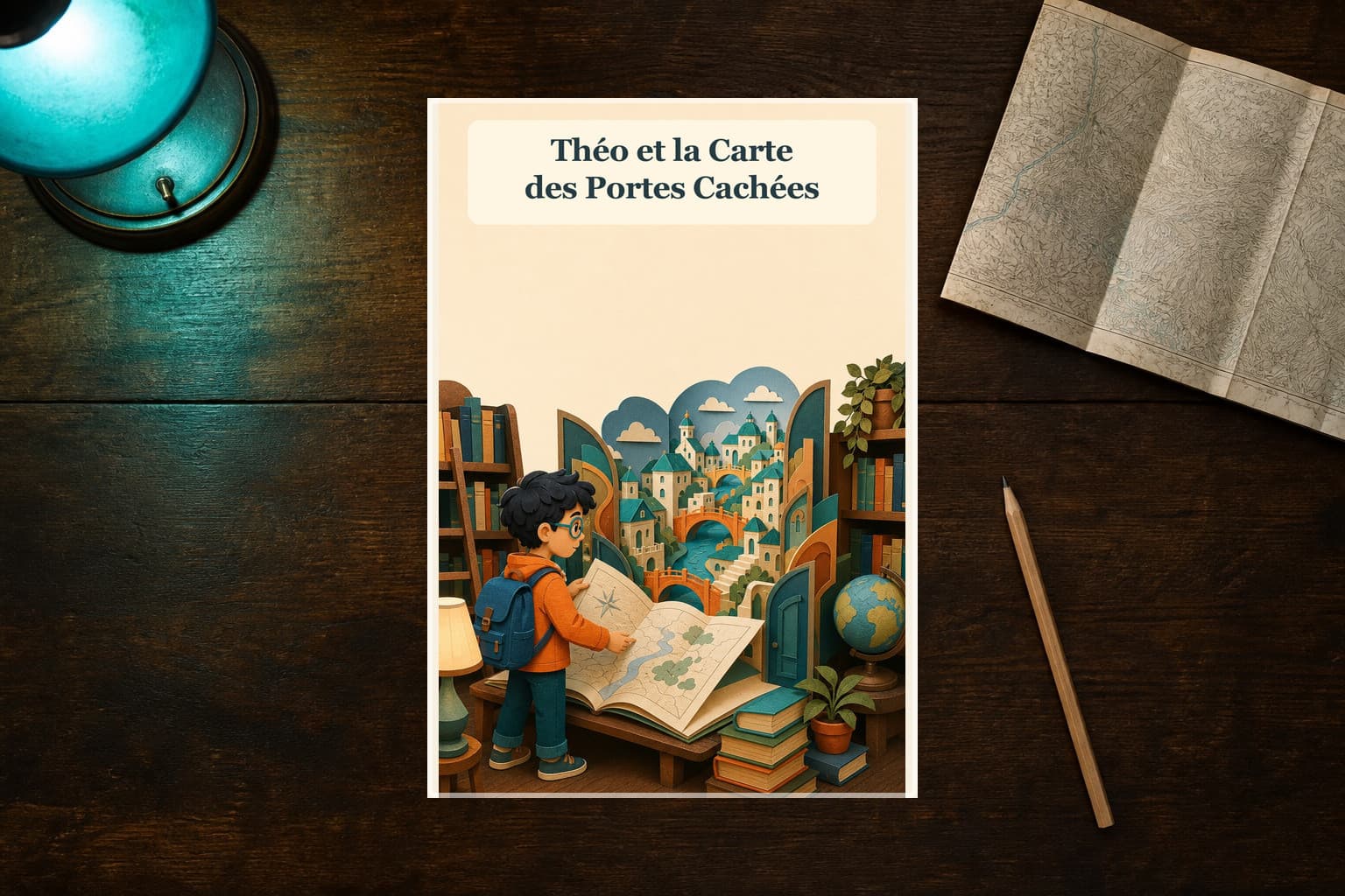 Livre personnalisé Théo et la Carte des Portes Cachées sur une table de bibliothèque