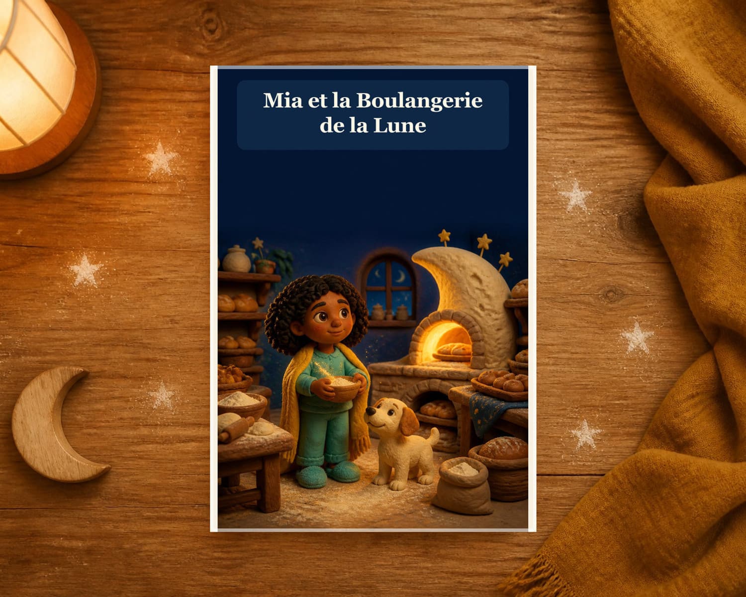 Livre personnalisé Mia et la Boulangerie de la Lune dans une scène de lecture du soir