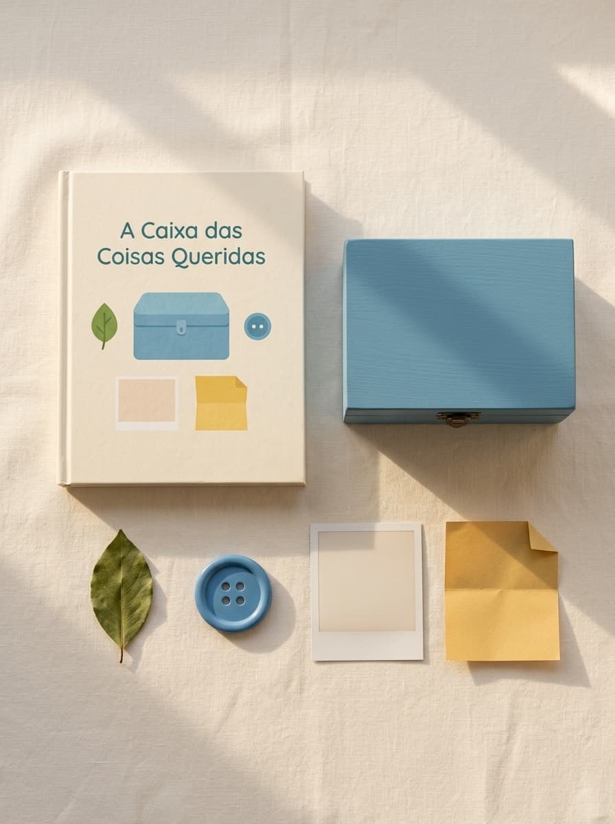 Fotografia do livro personalizado “A Caixa das Coisas Queridas” numa mesa clara com uma caixa azul e objetos familiares