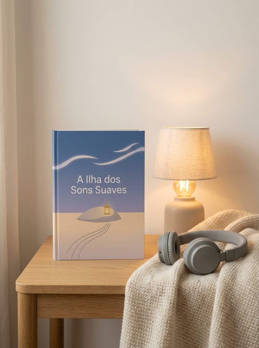 Fotografia do livro personalizado “A Ilha dos Sons Suaves” num recanto de leitura luminoso com tecidos suaves