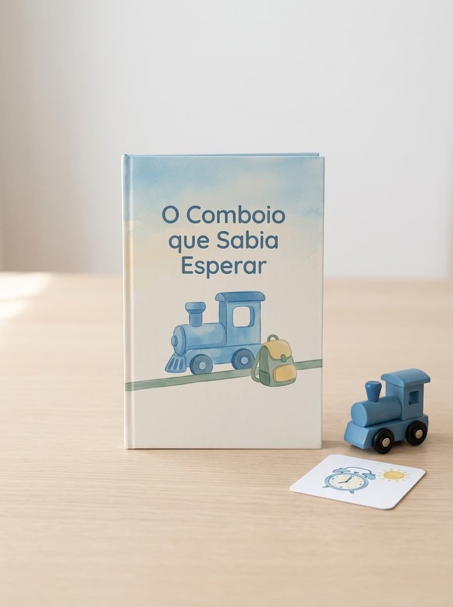 Fotografia do livro personalizado “O Comboio que Sabia Esperar” num ambiente calmo com um comboio azul e cartões de rotina