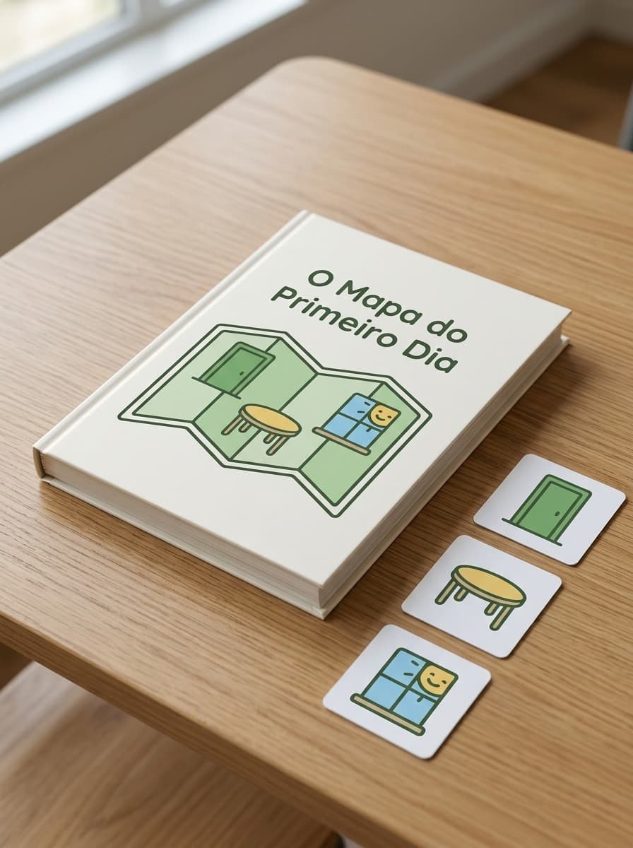 Fotografia do livro personalizado “O Mapa do Primeiro Dia” numa mesa clara com um mapa verde e cartões visuais
