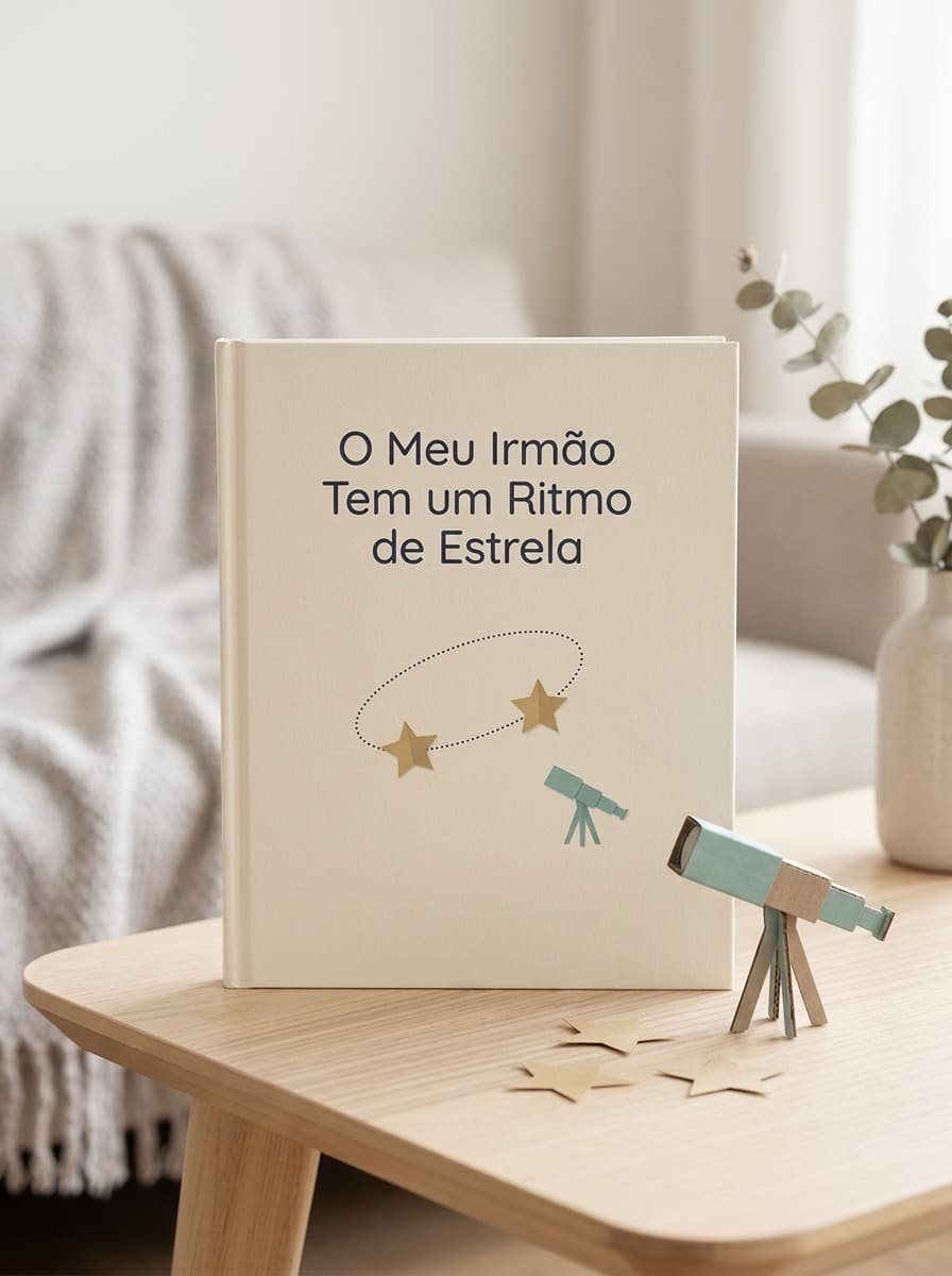 Fotografia do livro personalizado “O Meu Irmão Tem um Ritmo de Estrela” num recanto infantil com estrelas de papel