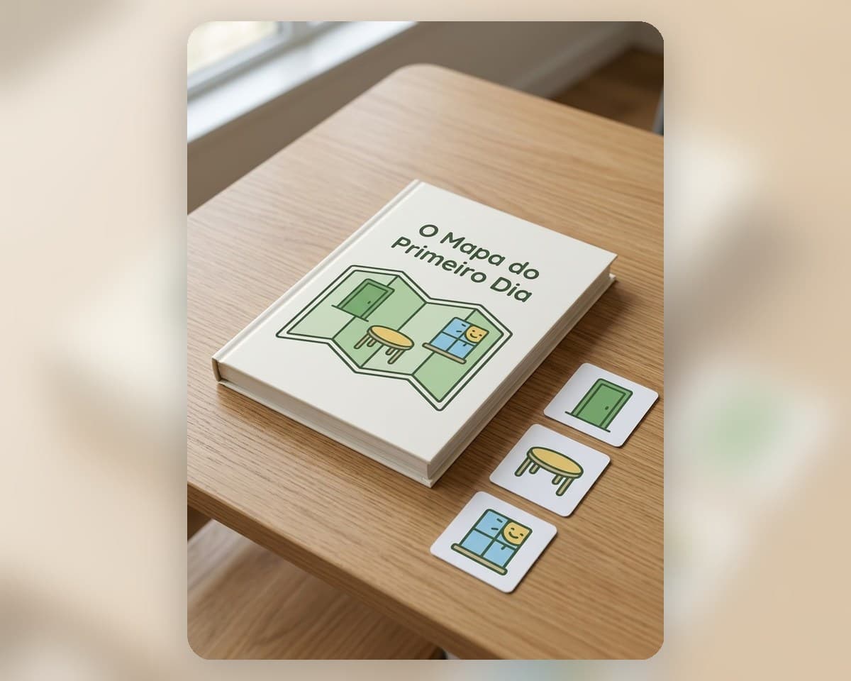 Livro personalizado Mythoria “O Mapa do Primeiro Dia” pousado numa mesa clara, ao lado de cartões visuais e de um mapa verde