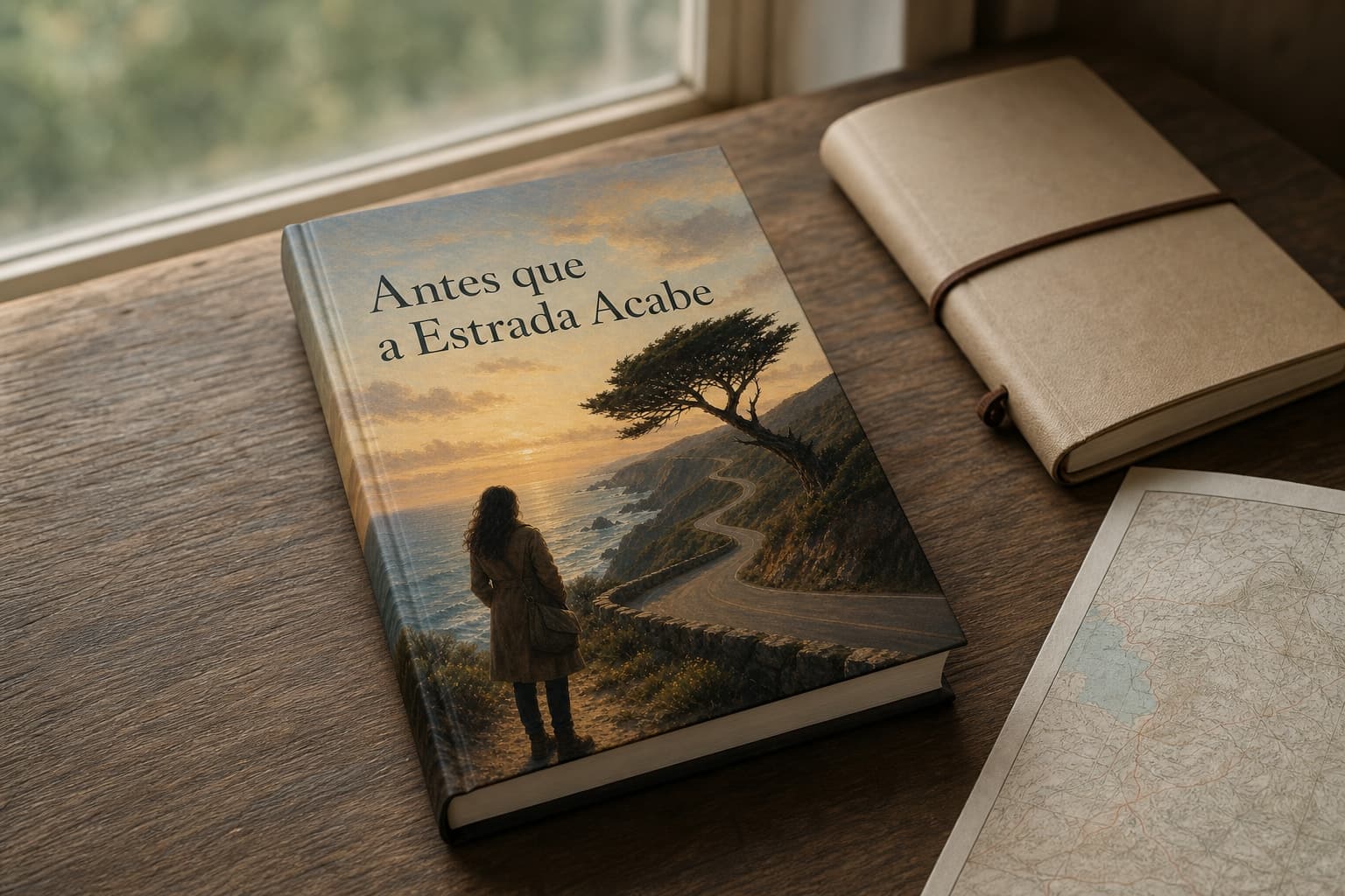 Livro físico Antes que a Estrada Acabe numa paisagem de viagem