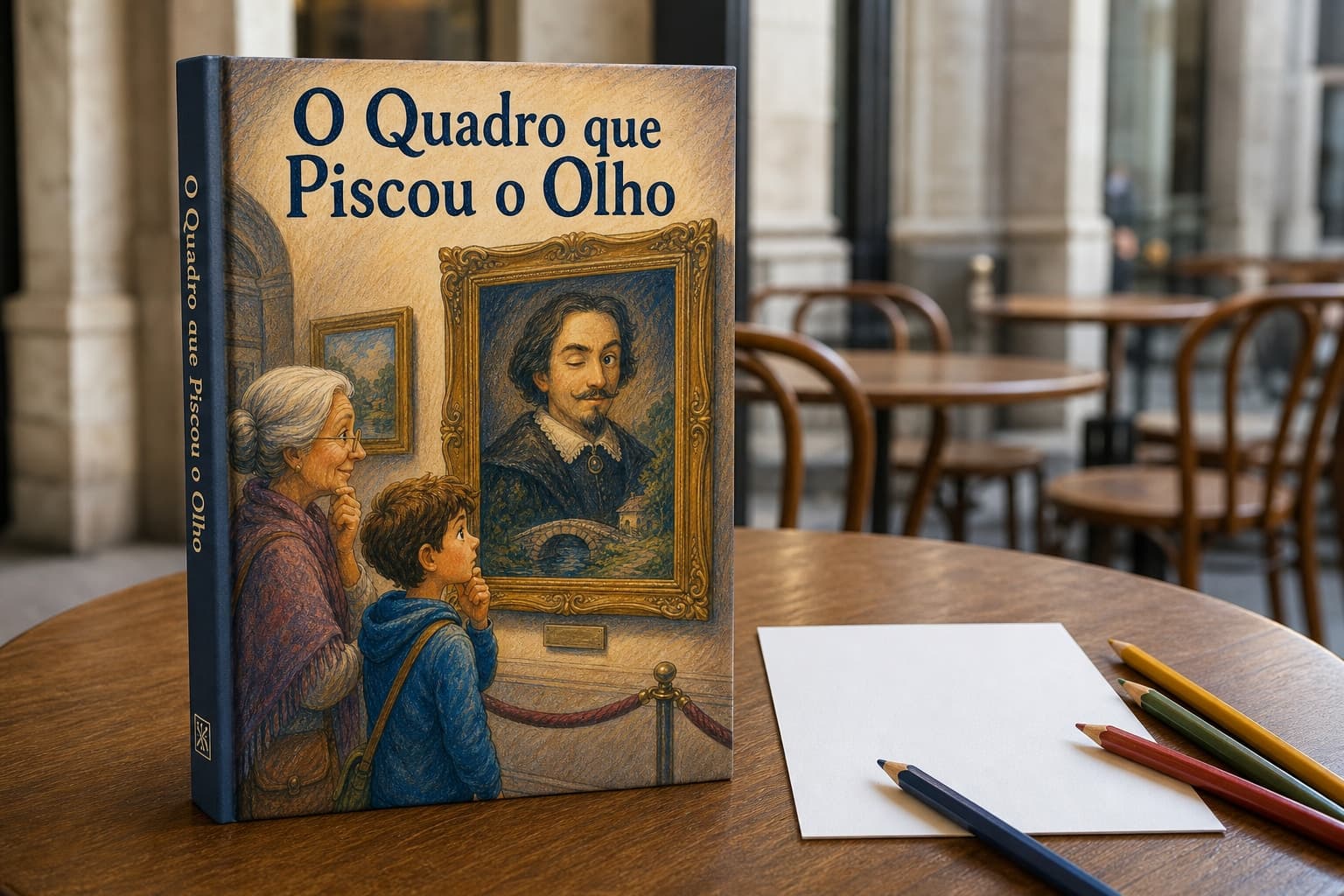 Livro físico O Quadro que Piscou o Olho numa mesa de museu sem logótipos