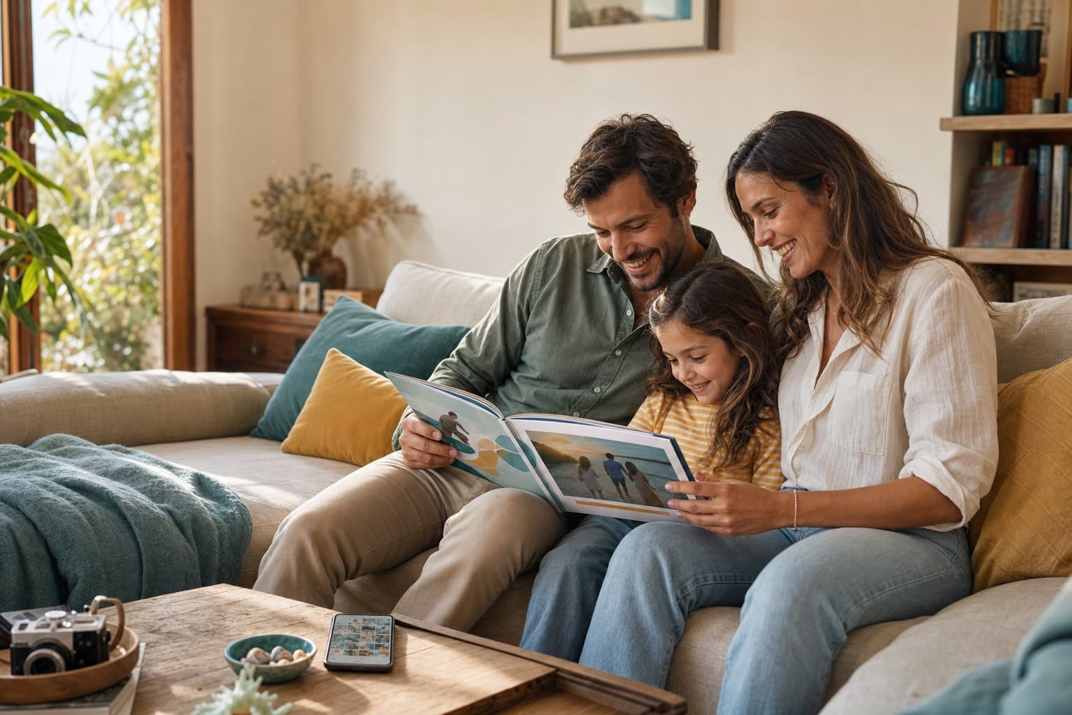 Família a reler as memórias das férias num livro personalizado junto de um telemóvel com fotografias