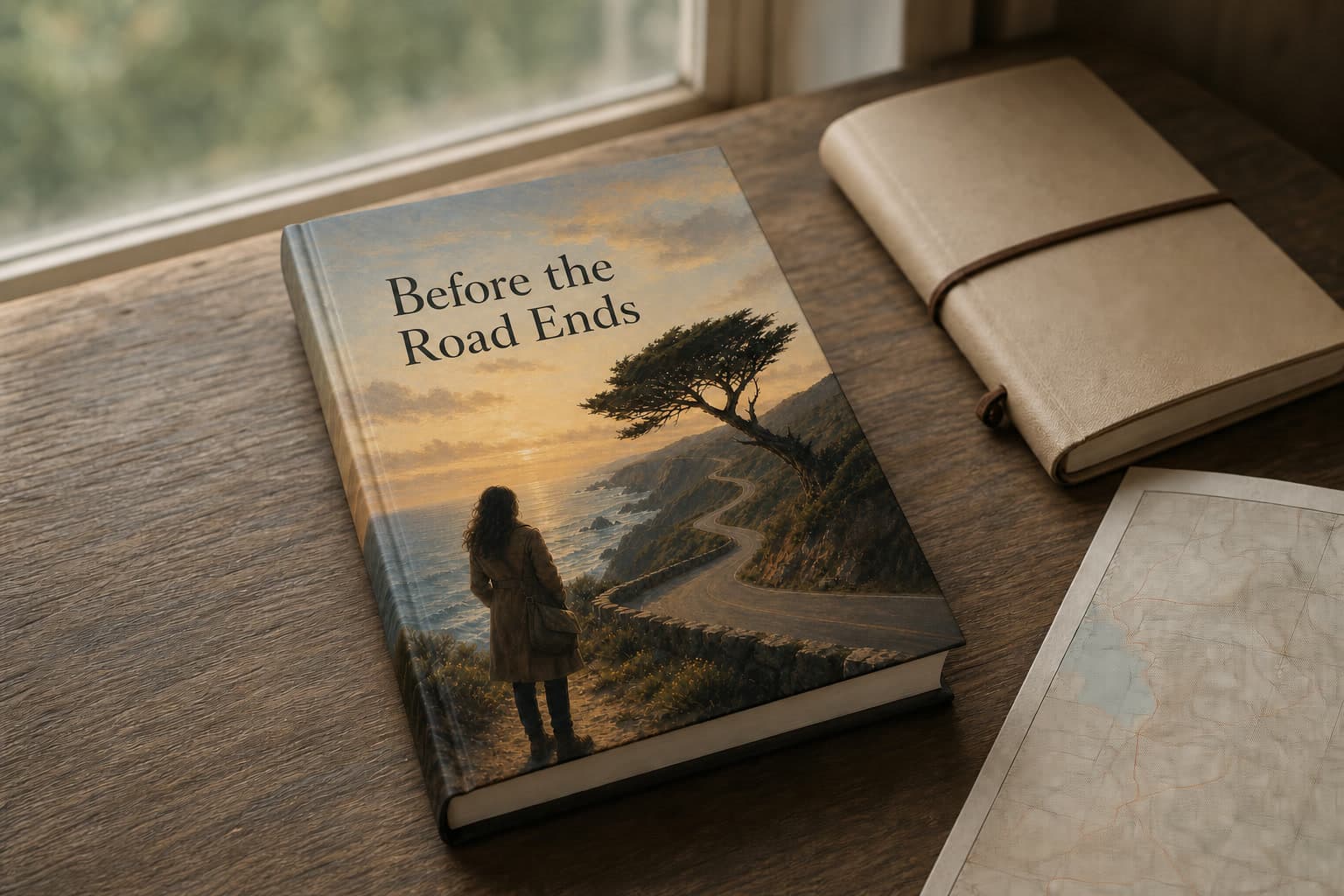 Personalized reflective travel book beside a quiet road and landscape
