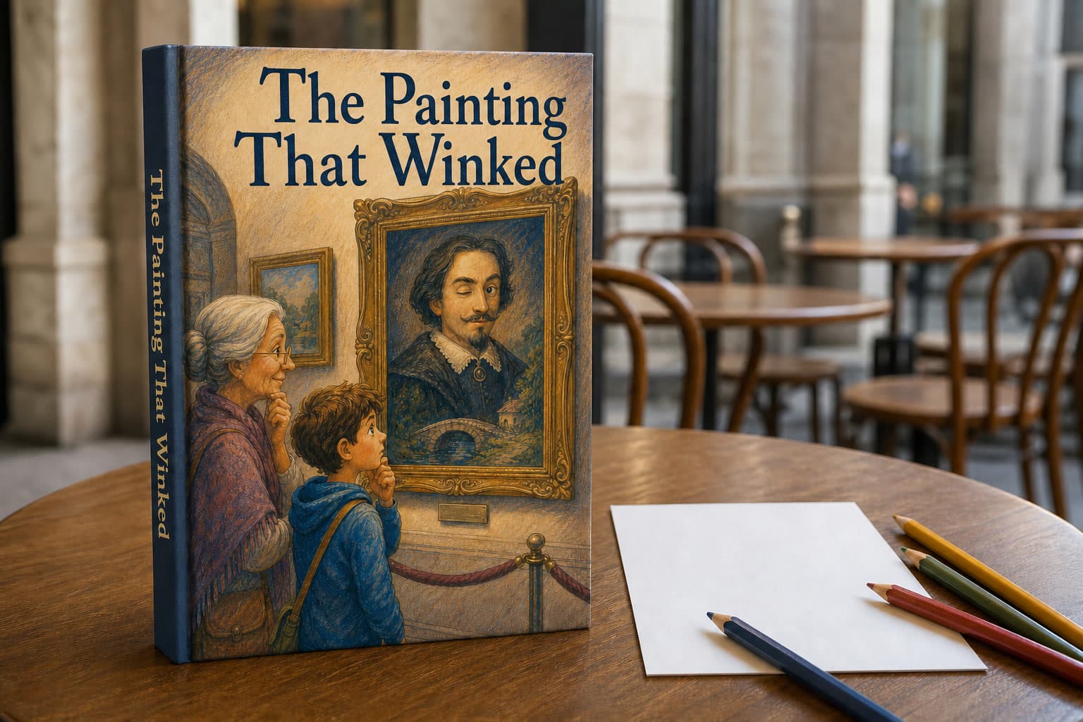 Personalized museum adventure book with a winking painted portrait