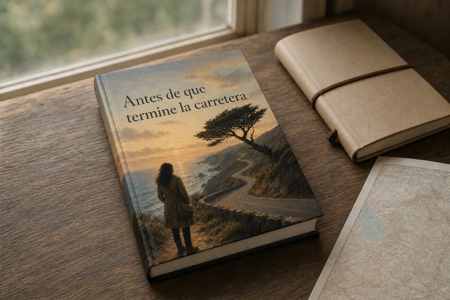 Libro personalizado de viaje reflexivo junto a una carretera tranquila