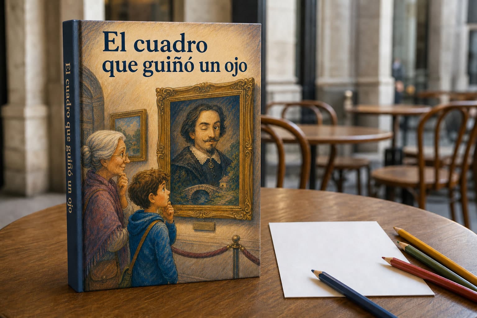 Libro personalizado de aventura en un museo con un retrato que guiña un ojo