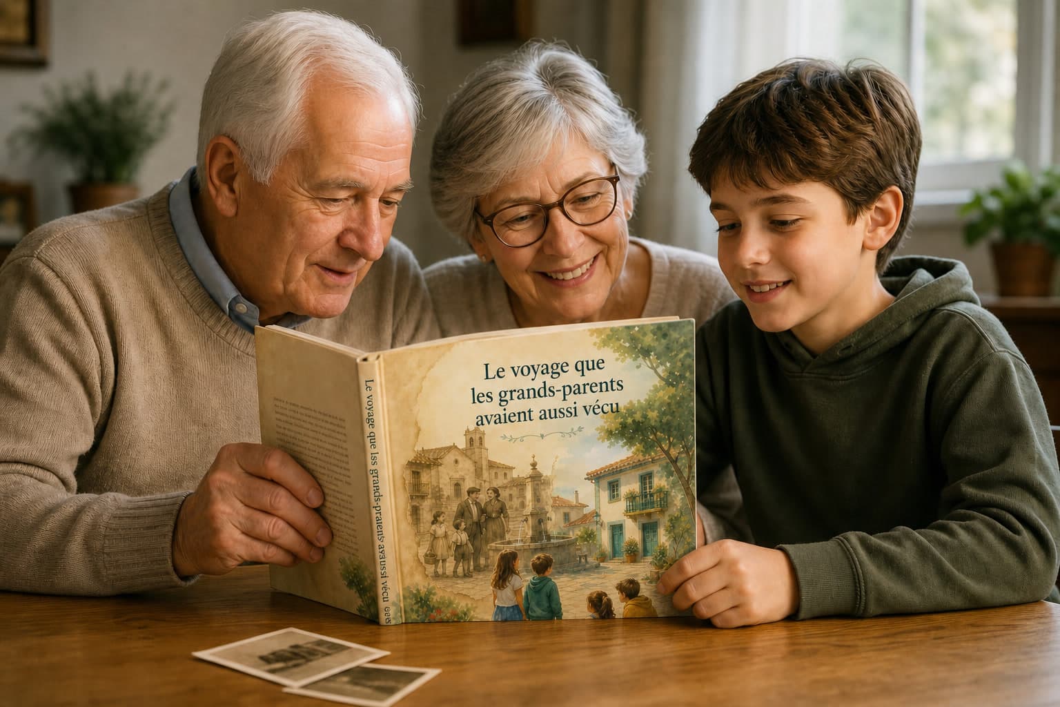 Livre personnalisé intergénérationnel comparant des photos de voyage anciennes et nouvelles