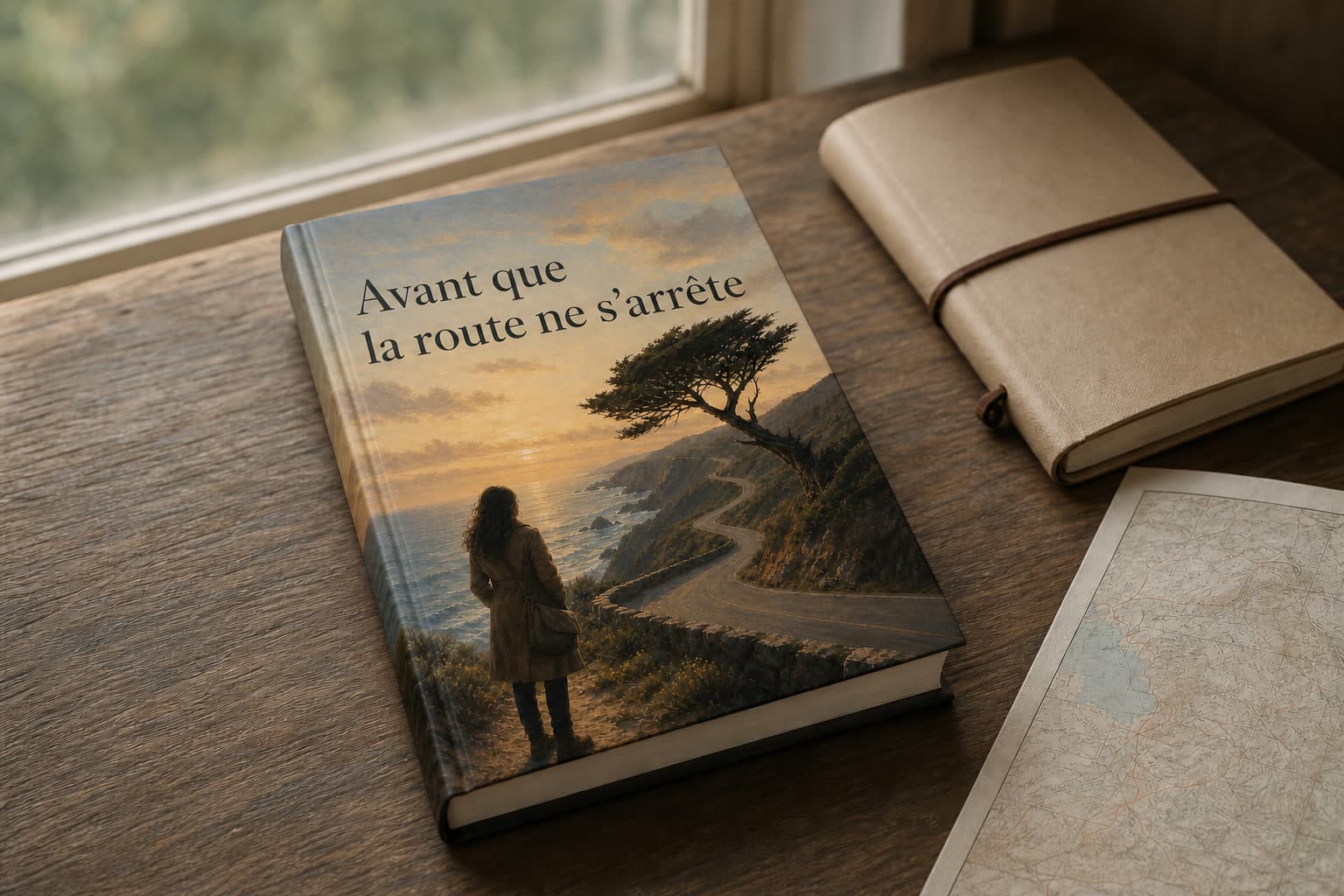 Livre personnalisé de voyage introspectif près d’une route paisible