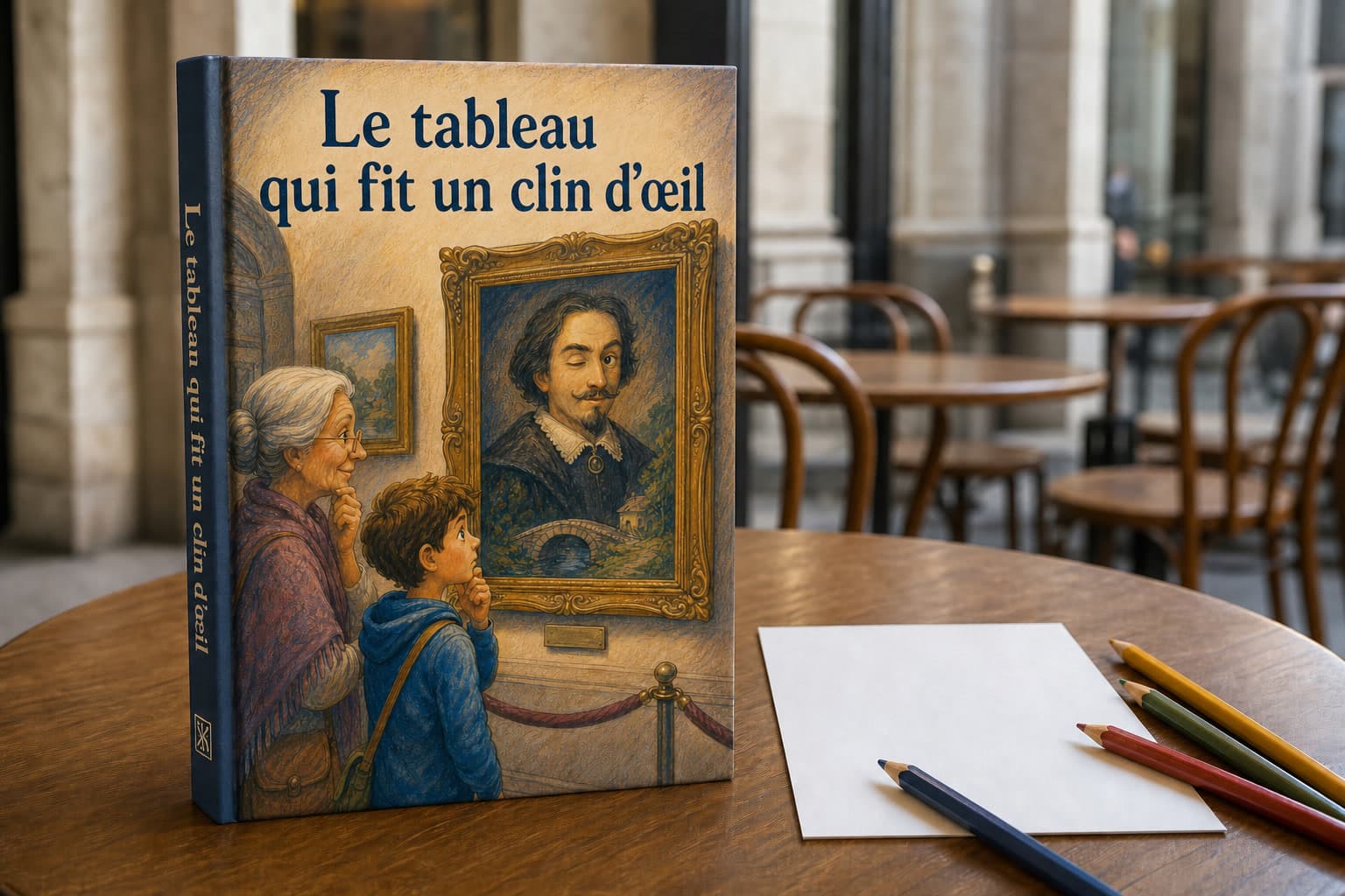 Livre personnalisé d’aventure au musée avec un portrait qui fait un clin d’œil