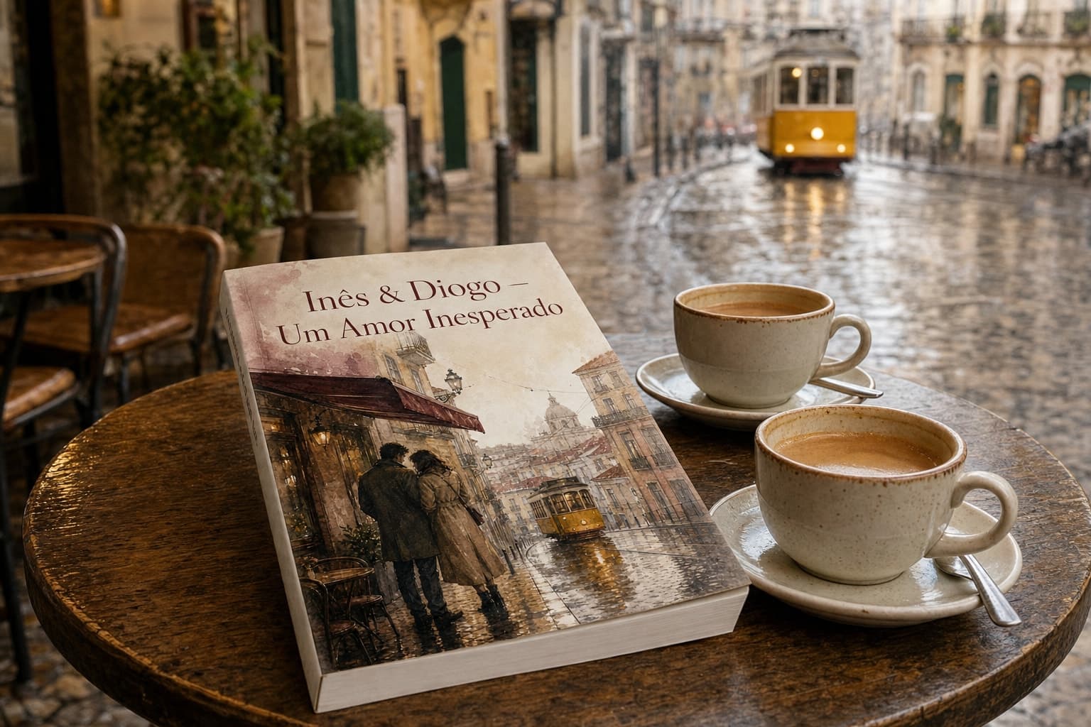 Livro físico “Inês & Diogo — Um Amor Inesperado” numa mesa de café em Lisboa depois da chuva
